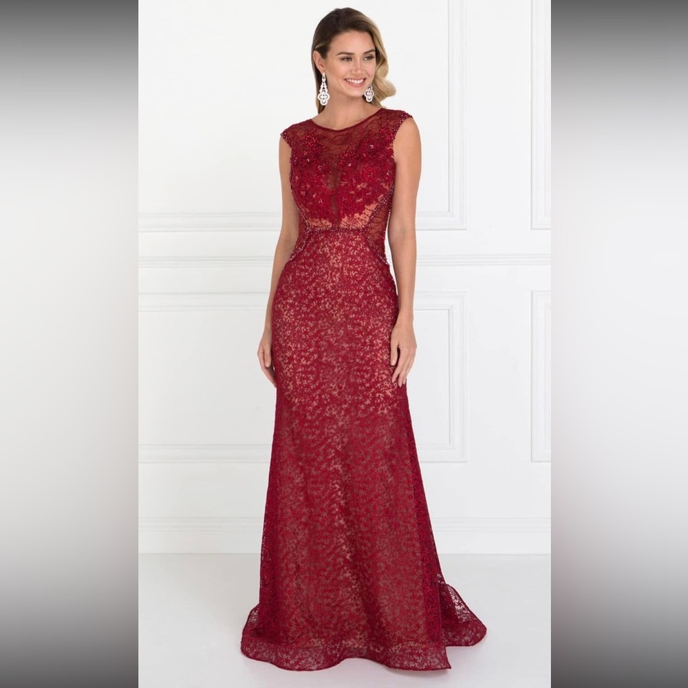 Burgundy Red Lace Evening Gown